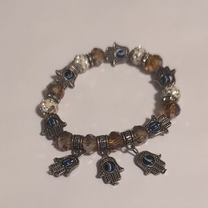 Silver and Brown Translucent Pave Beaded Evil Eye Hamsa‎ Charm Bracelet